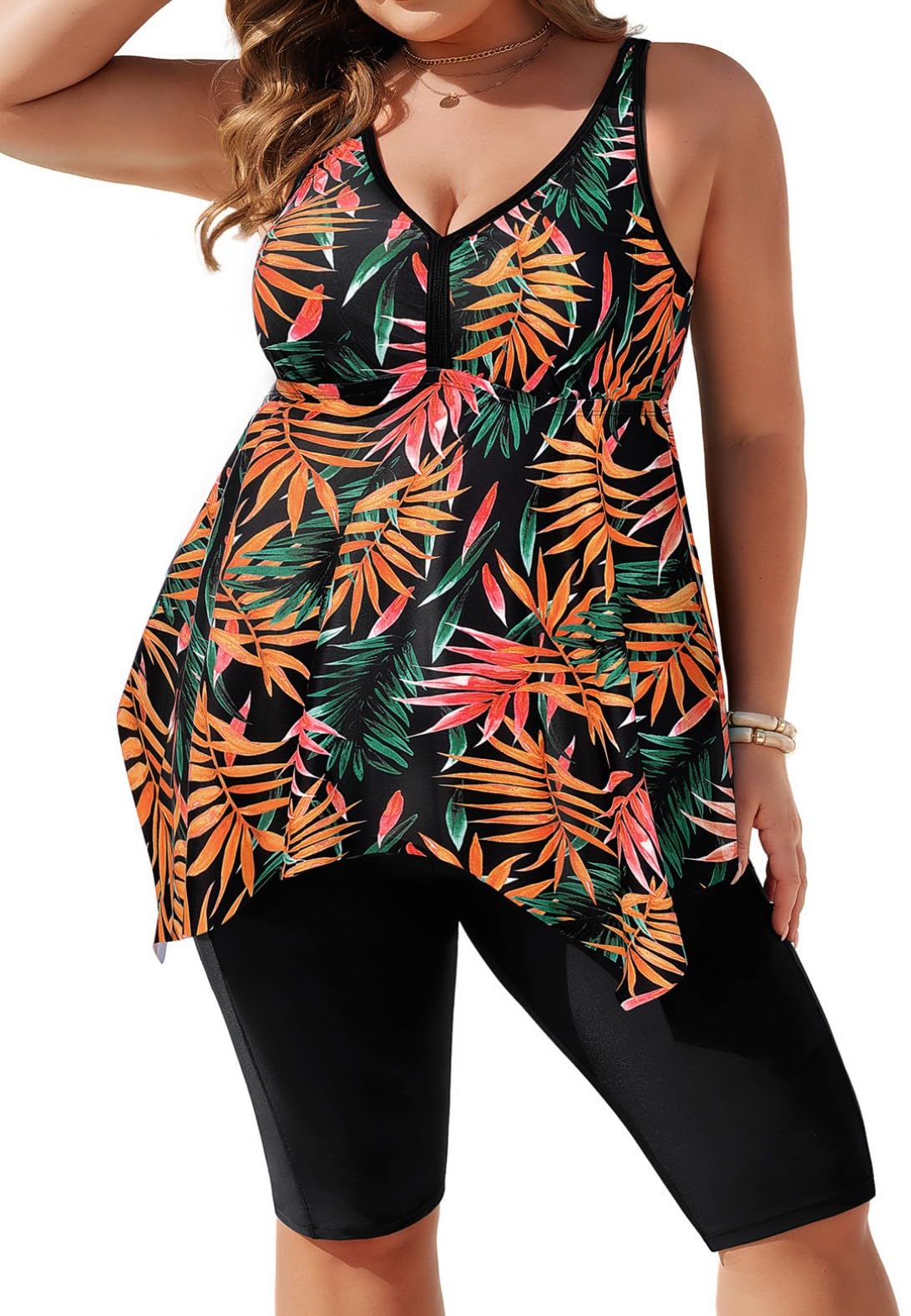 Hanna Nikole Tankini pour femme - Grandes tailles - Push Up - Deux pièces - Col en V - Ourlet irrégulier - Haut avec short de bain