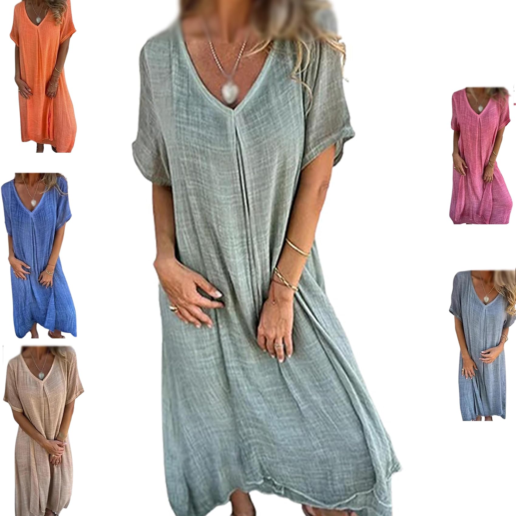 Frontaley Cotton and Linen V-Neck Midi Dress, Solid Casual Dress, Comfortable Holiday Style (Green,14XL)