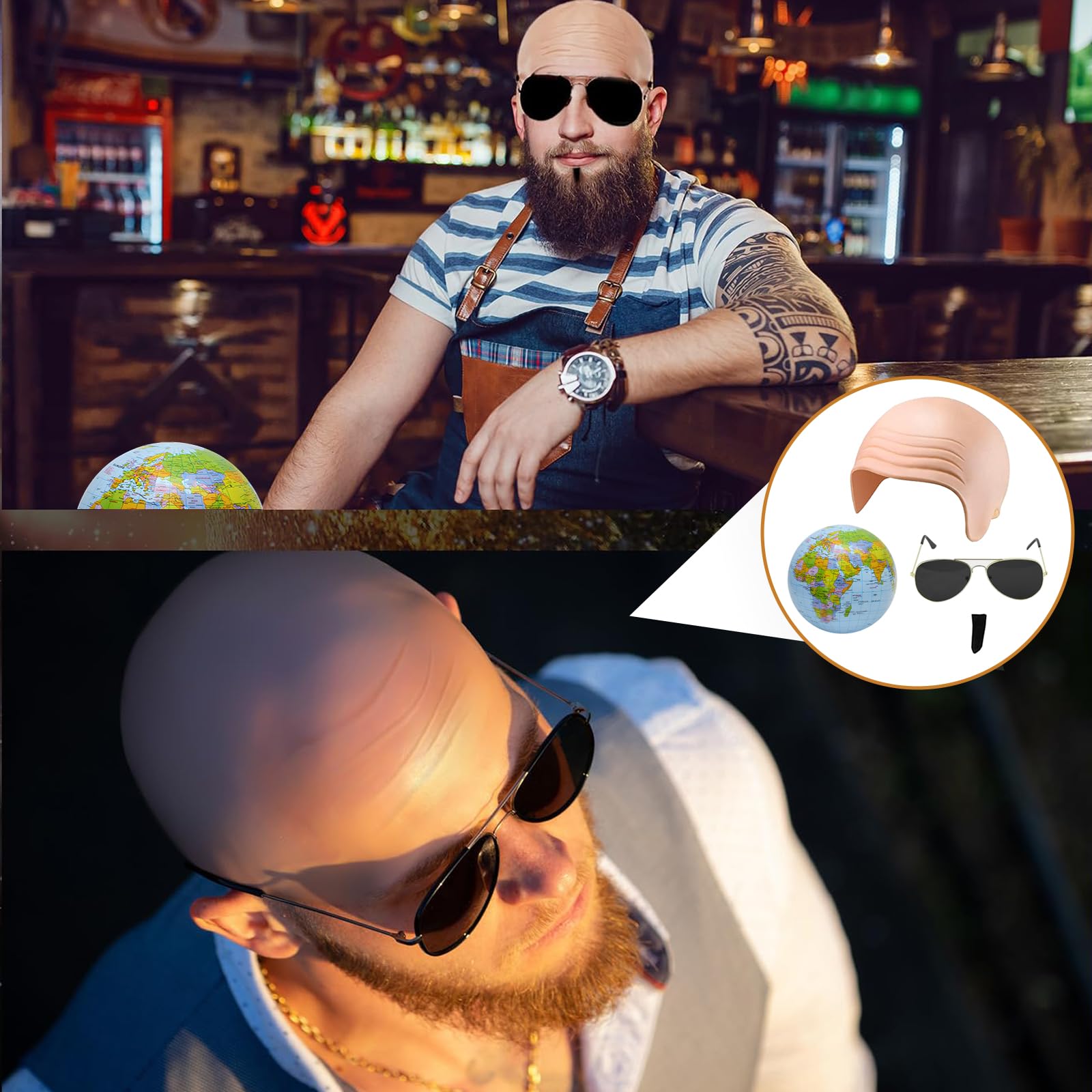 ZcrPrn Pitbull Costume, Halloween Costumes, 4 PCS Mr Worldwide Costume Set with Inflatable Globe, Soul Beard and Sunglasses, Latex Bald Cap for Halloween,Icon Celebrity Fancy Dress Theme Party - Image 3