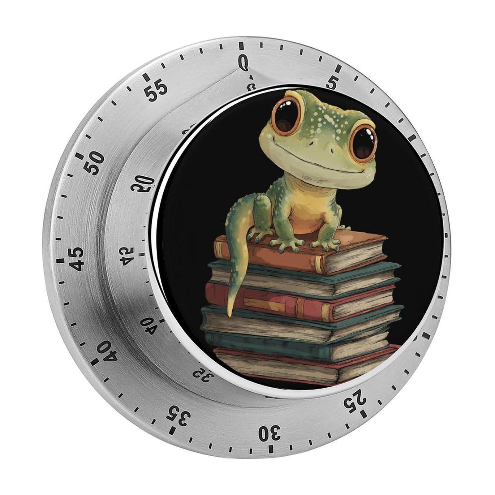 Leopard Gecko Reading Books Mechanical Timer with Alarm for Kitchen Cooking Productivity Stainless Steel Timers
