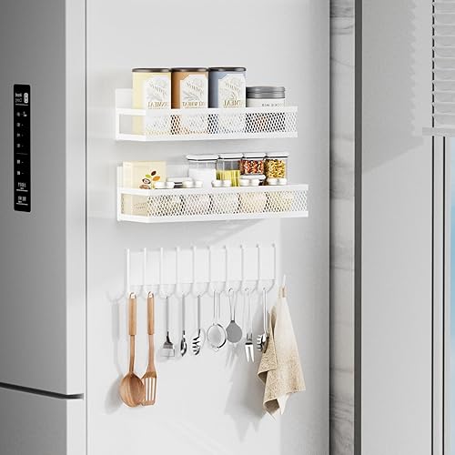 Miniatura 9 de Estante magnético para especias para refrigerador, paquete de 3 estantes magnéticos para refrigerador, cesta magnética móvil se utiliza