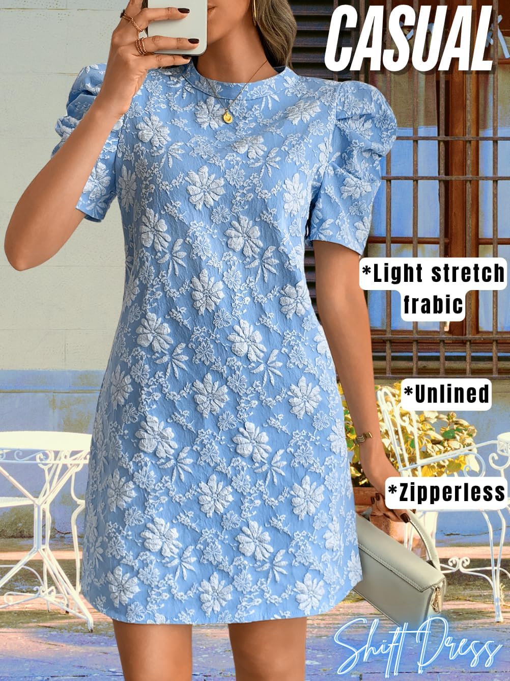 Women's Elegant Floral Jacquard Dress, Puff Sleeve Lightweight Shift Mini Dresses for Summer Casual - Image 5