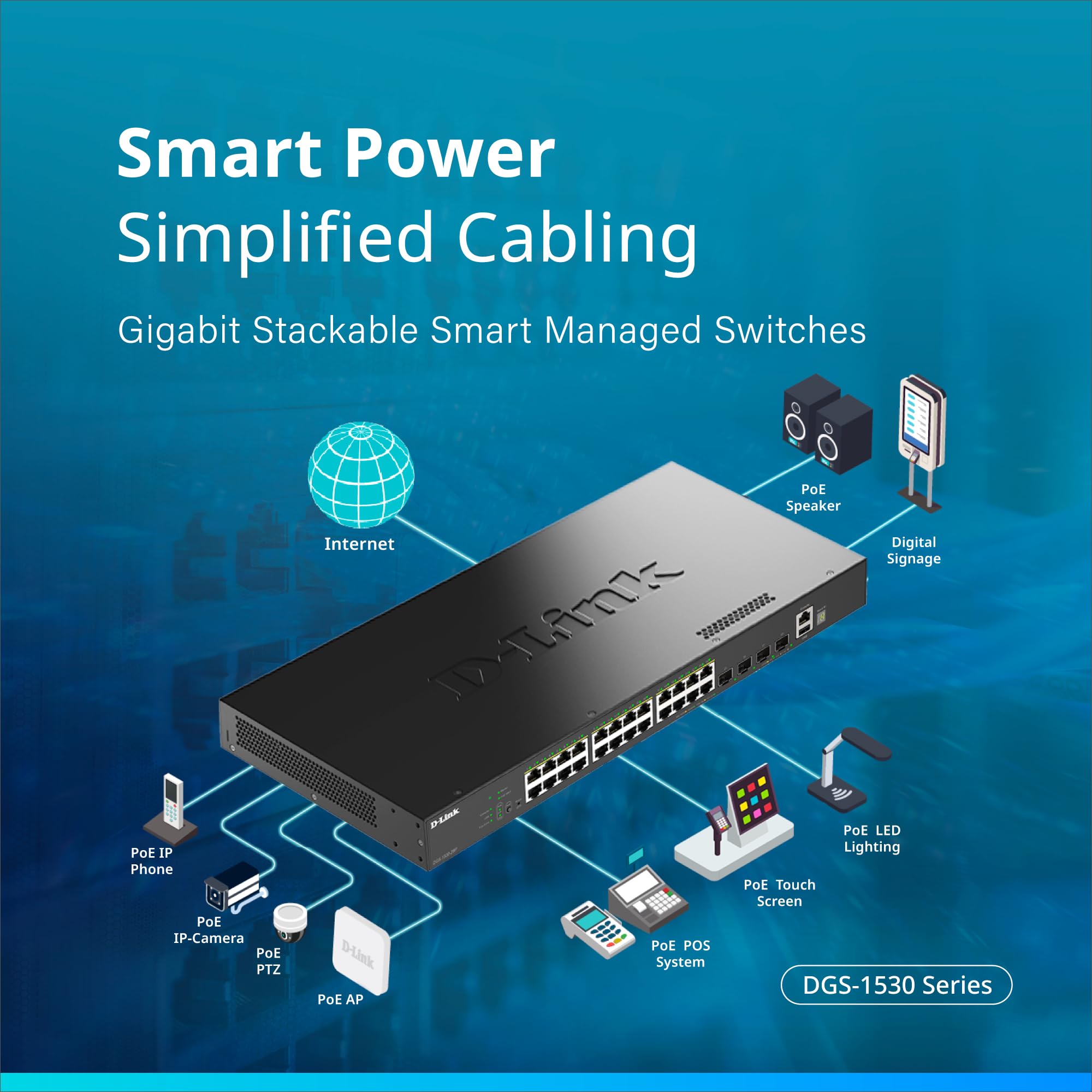 D-Link Switch gestito intelligente PoE+ impilabile Gigabit a 28 porte DGS-1530-28P con 4 porte SFP+ da 10G
