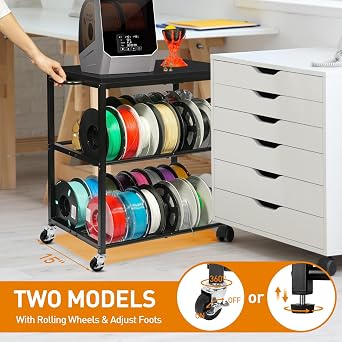 3D Printer Filament Storage Rack with Wheels, Heavy Duty Spool Holder | 3-Tier 3D Printer Filament Organizer for PLA/ABS/TPU/Nylon, Filament Stand for 3D Printing Station, Office,Black