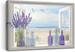 LZIMU Purple Bathroom Decor Lavender Wall Art Beach Pictures Windows Landscape Poster Floral Paintings Rustic Flowers Prints Home Decor Framed (Purple, (12" x 18"))