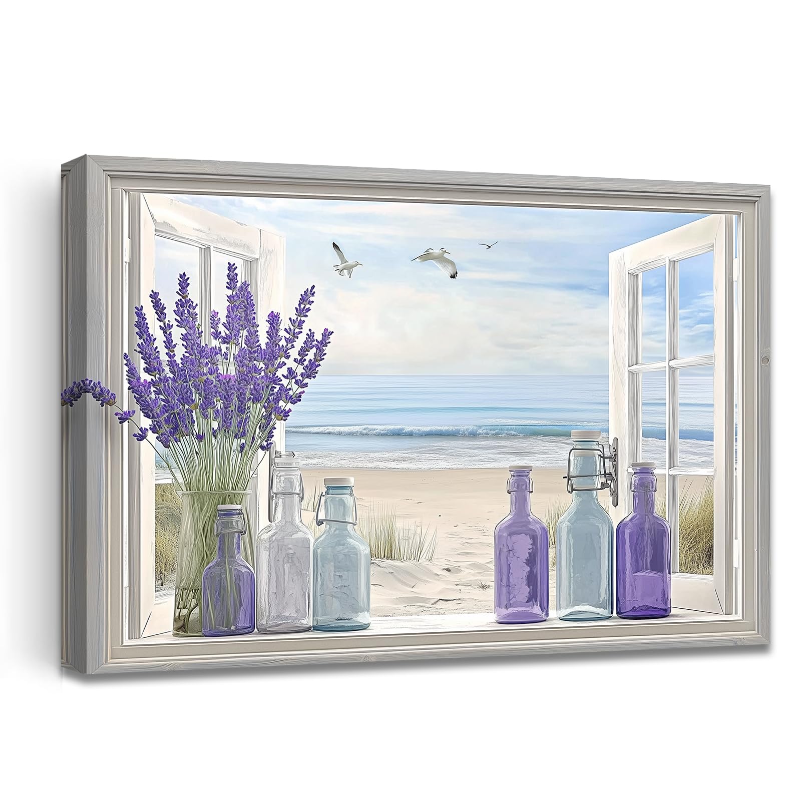 LZIMU Purple Bathroom Decor Lavender Wall Art Beach Pictures Windows Landscape Poster Floral Paintings Rustic Flowers Prints Home Decor Framed (Purple, (16" x 24"))