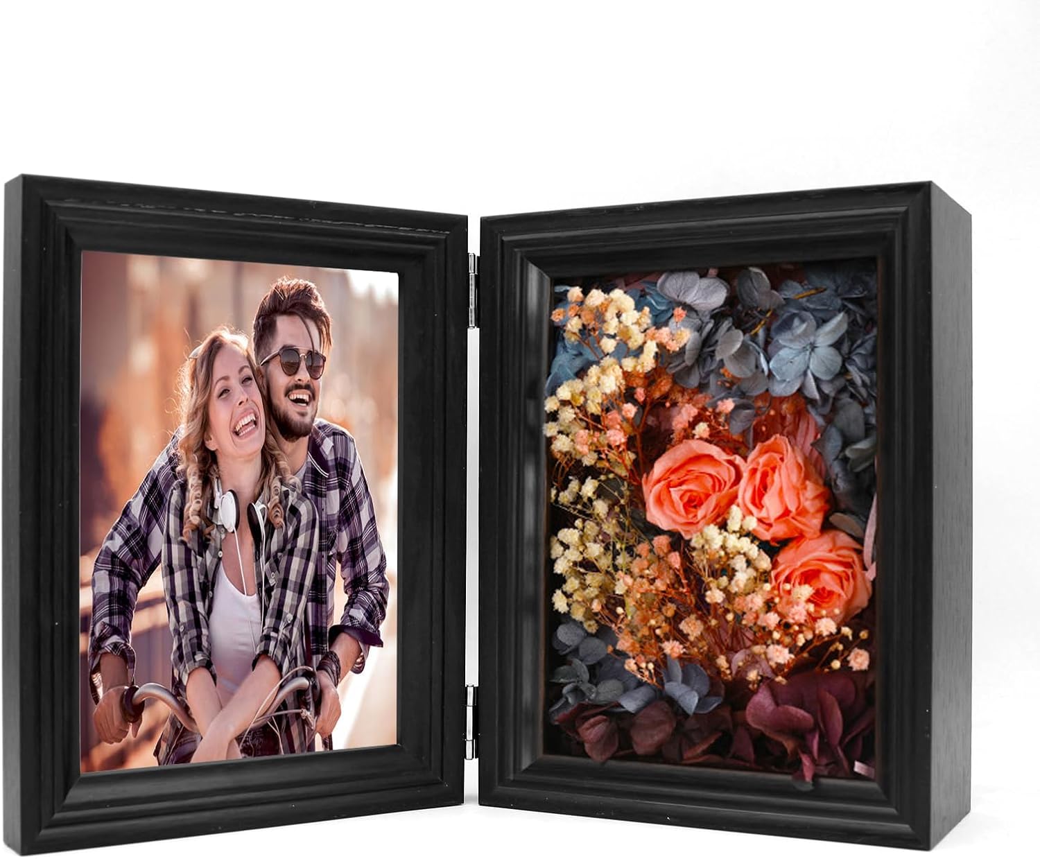 WANLIAN 5x7 Double Hinged Picture Frame, Flowers Shadow Box Display Case for Wedding Bouquet Memorabilia Photos, Folding Picture Frames with Glass Front Stand Vertical on Tabletop - Black