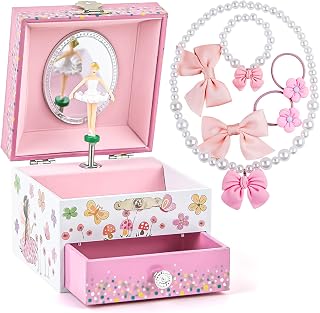 Girl's Musical Jewelry Box with Spinning Ballerina and Jewelry Set, Flower Fairy and Butterfly Design with Pullout Drawer, Ideal Gift for Girls, Beautiful Dreamer Tune