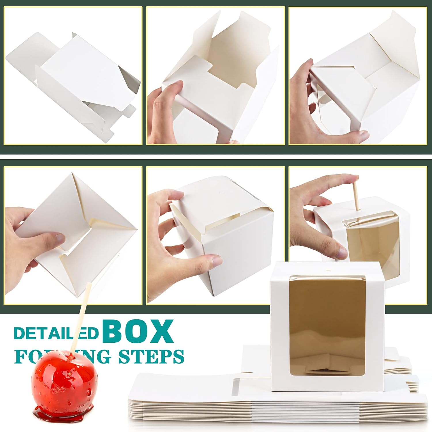 Fireboomoon 30 PCS White Kraft Candy Apple Boxes with Holes and Sticks,Caramel Candied Apple Cake Cookies Chocolate Gift Boxes with Clear Window for Wedding,Party,Baby Shower(4" x 4" x 4")
