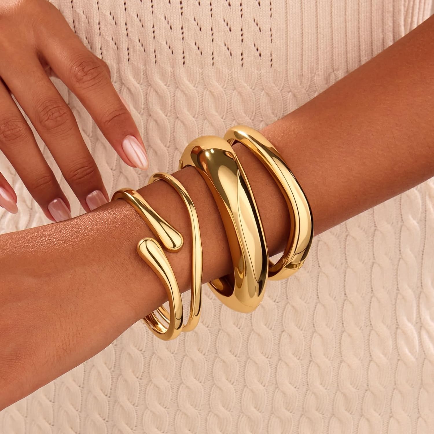 4 PCS Chunky Gold Bangle Bracelets for Women, 14k Gold Plated Big Stackable Bangles Set, Trendy Adjustable Twist Cuff Bracelet Stack Fashion Jewelry Gifts - Image 4