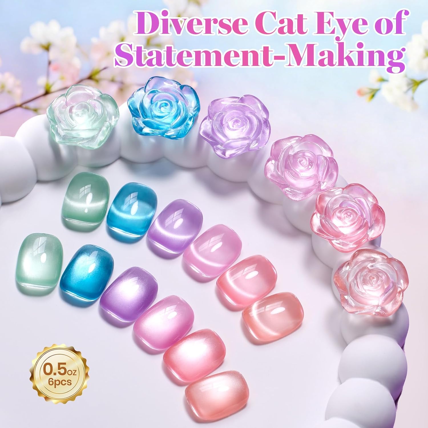 Beetles Petal Charm Cat Eye Gel Nail Polish Set - 6 Colors 0.5Oz Full Size Spring Gel Polish Kit Glitter Pink Purple Blue Orange Red Green Magnetic Effect Soak Off UV Salon at Home Manicure Gift