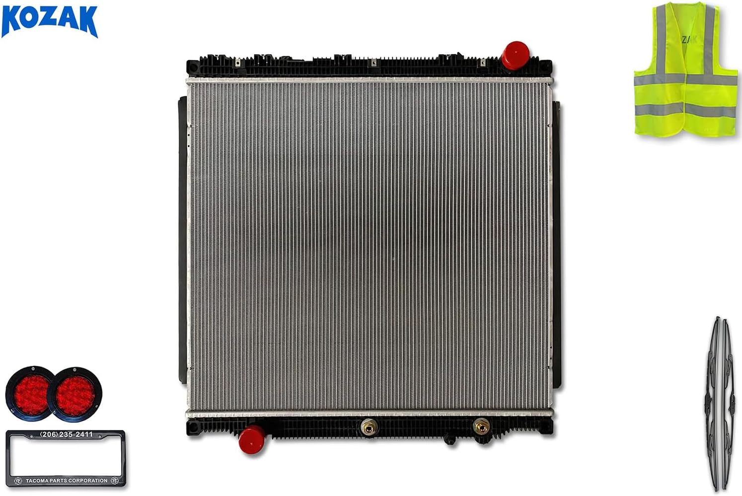 KOZAK Replacement Radiator (TXE1003849D) Compatible With Freightliner Cascadia 2017 & Newer, WITHOUT Frame PLUS Logo, 2x22" Windshield Wipers, License Plate Frame, 2x Trailer Tail Lights and Vest