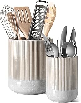 Utensil Holder, 7.3"+5.4" Ceramic Kitchen Utensil Holder for Countertop, Large Cooking Utensil Crocks for Kitchen Counter, Morden Utensil Organizer for Spatula, Set of 2, Glaze Marble Gray