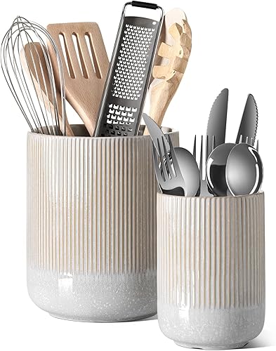 LE TAUCI Portautensilios, 7.3"+5.4" Portautensilios de Cerámica para Cocina para Encimera, Recipientes Grandes para Utensilios de Cocina para