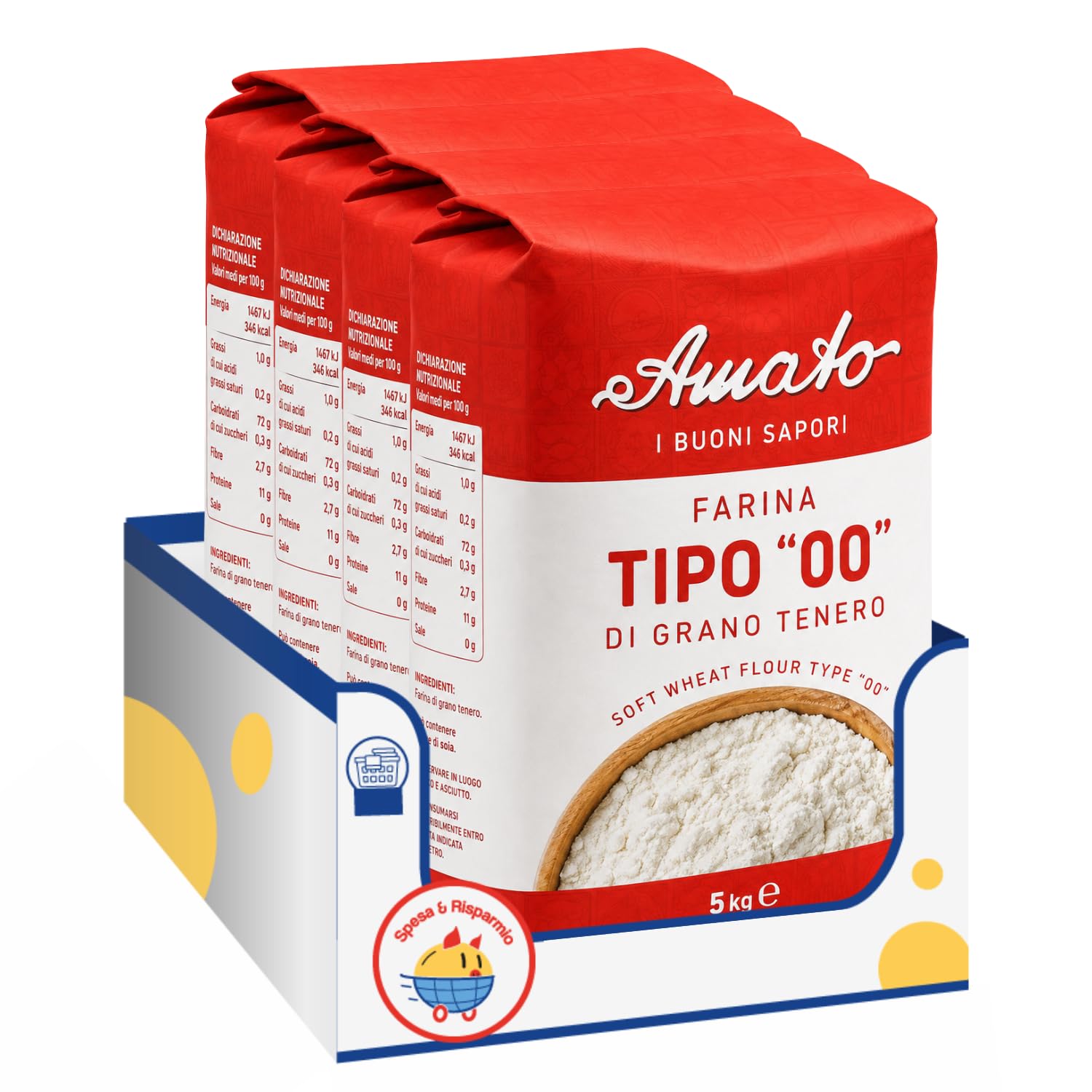 Amato Farina di Grano Tenero Tipo 00 5 kg, Farina per Pizza, Pane, Pasta Fresca e Dolci, Ideale per Impasti Soffici e Lievitati, Confezione Multipla da 4/8/12 Pezzi (8 PEZZI)