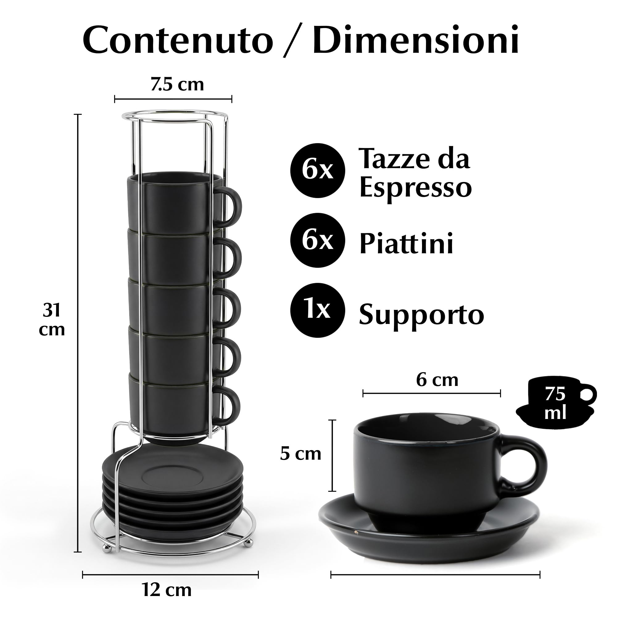 MIAMIO - 6 x 75 ml Espresso Tazzina da caffè - Sei Tazzine Impilabili - Set di Tazze da Caffè, Ceramica - Le Papillon Collezione (Nero)