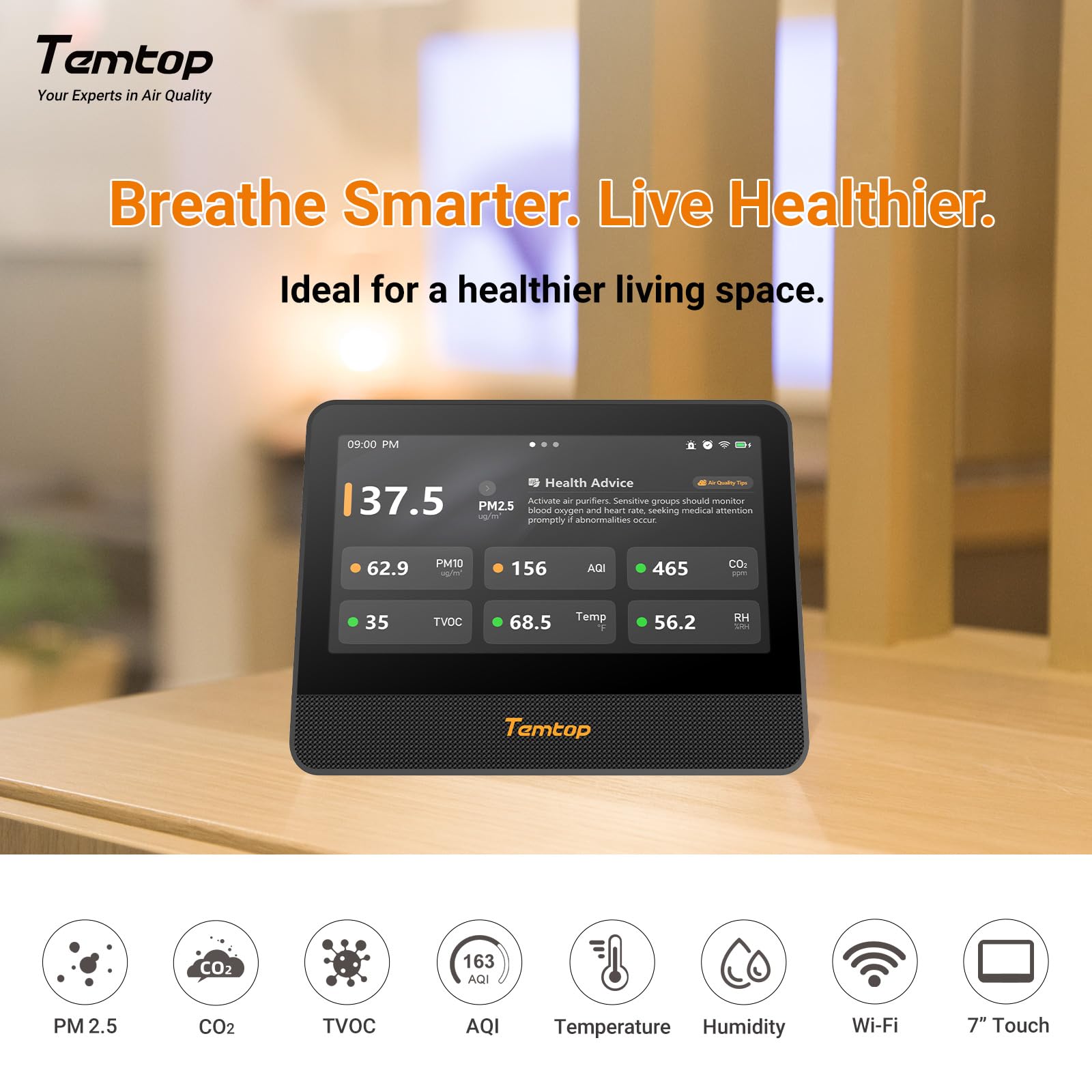 Temtop Monitor de Calidad del Aire WiFi, Pantalla Táctil de 7 Pulgadas, Detector de CO₂ y Probador de PM2.5/PM10/TVOC/Temperatura/Humedad para Interiores M100 2nd