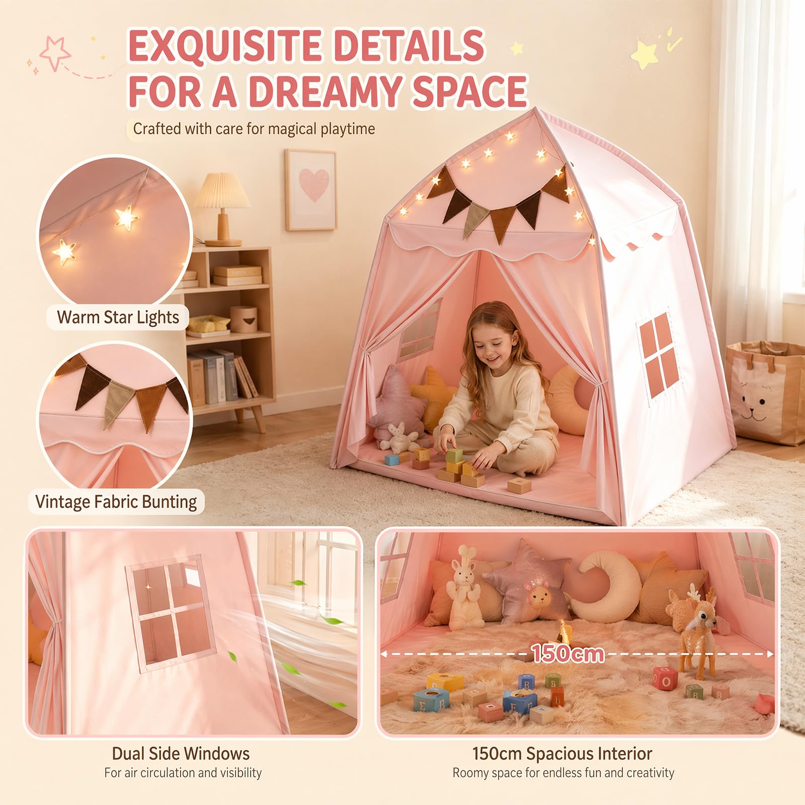 Kinderzelt für Drinnen, Spielzelt Kinder Indoor Faltbares, Zelt Kinderzimmer mit Flaggen & Lichterketten, Leseecke Kinderzimmer, Kinderzelt Indoor, Spielhaus Kinder Indoor, 150x100x150 cm (Rosa)