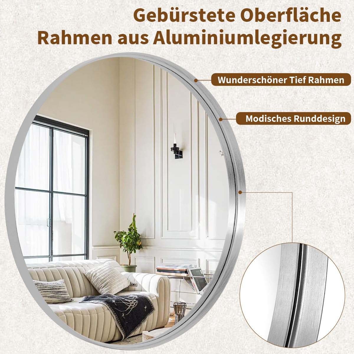 Koonmi Luksusowe okrągłe lustro - 120 cm - głęboka srebrna rama - okrągłe lustro ścienne z czarną szczotkowaną metalową ramą - do łazienki, salonu, wejścia - dekoracja ścienna