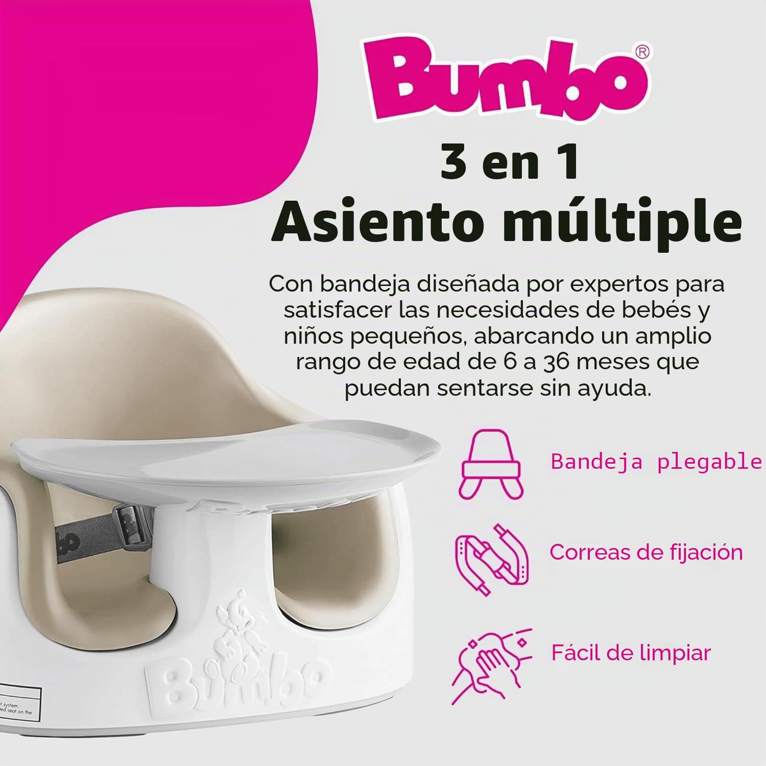 Bumbo Multi Seat - Asiento para Bebé 3 en 1 - Asiento de Suelo, Trona Portátil y Alzador de Silla para Comer - Bandeja Extaíble y Altura Ajustable - Color Taupe