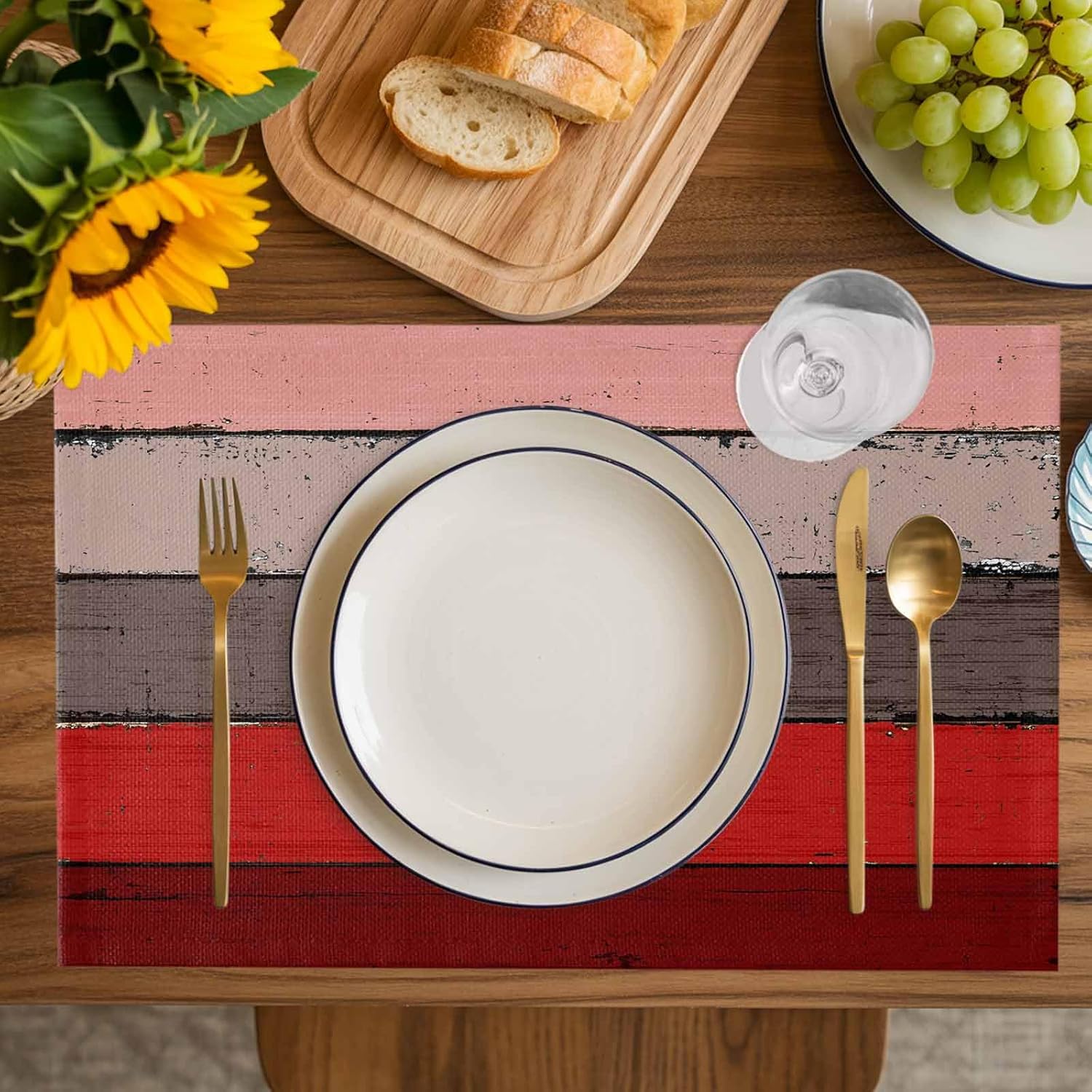 Placemats Set of 6 Cotton Linen Table Place Mat Vintage Abstract Red Grey Farm Bran Wooden Board Burlap Food Mat Waterproof Dinner Table Setting Table Mat Washable Cat Dog Pet Placemat