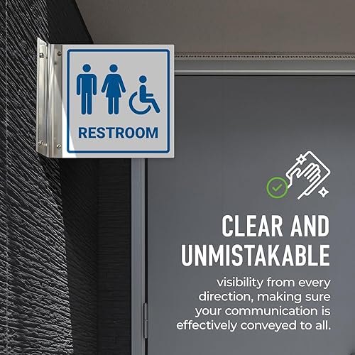 Miniatura 4 de Letrero de proyección de baño unisex y discapacitados, doble cara, 6 x 6 pulgadas, ACM, con accesorio de níquel cepillado, fabricado en Estados