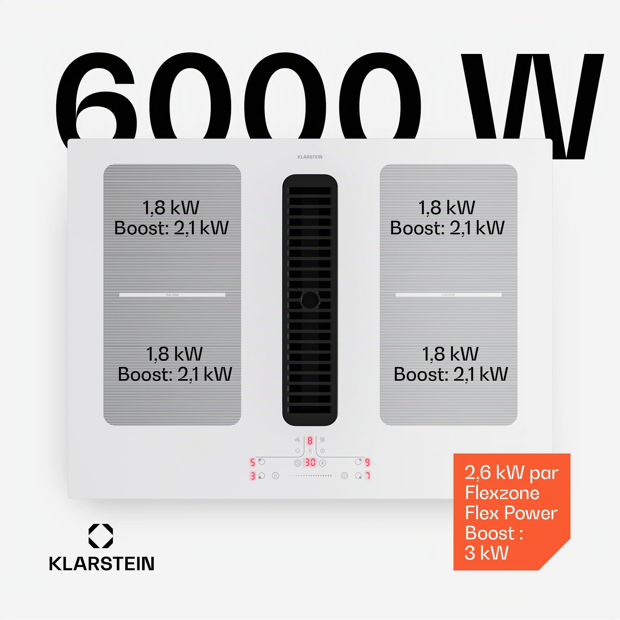 Klarstein Full House Plaque Induction Avec Hotte Intégrée - 4 Zones, 7335W Boost, Commande Tactile, Zones Flexibles, Minuterie, Sécurité Enfants, Vitrocéramique 70cm, Plaque Aspirante, White