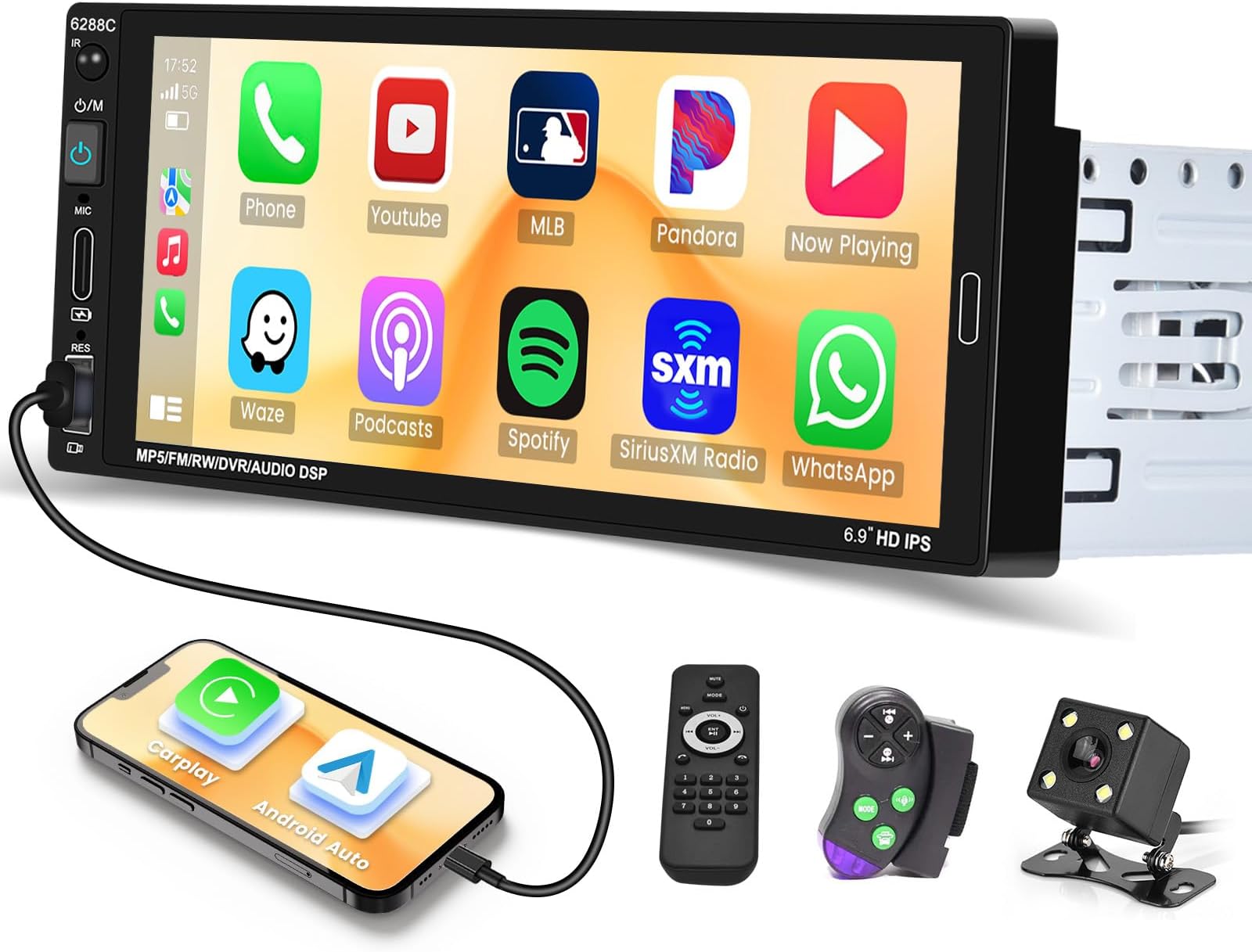Hikity 6.9 Inch Single Din Carplay Car Stereo Android Auto, HD Touch Screen Car Radio with Bluetooth 5.0 Voice Control Mirror Link FM RDS EQ SWC, Car Audio Receiver with USB/SWC/MIC/AUX-in