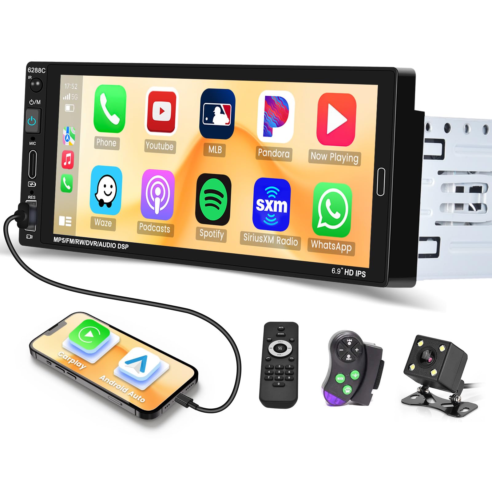 Hikity 6.9 Inch Single Din Carplay Car Stereo Android Auto, HD Touch Screen Car Radio with Bluetooth 5.0 Voice Control Mirror Link FM RDS EQ SWC, Car Audio Receiver with USB/SWC/MIC/AUX-in