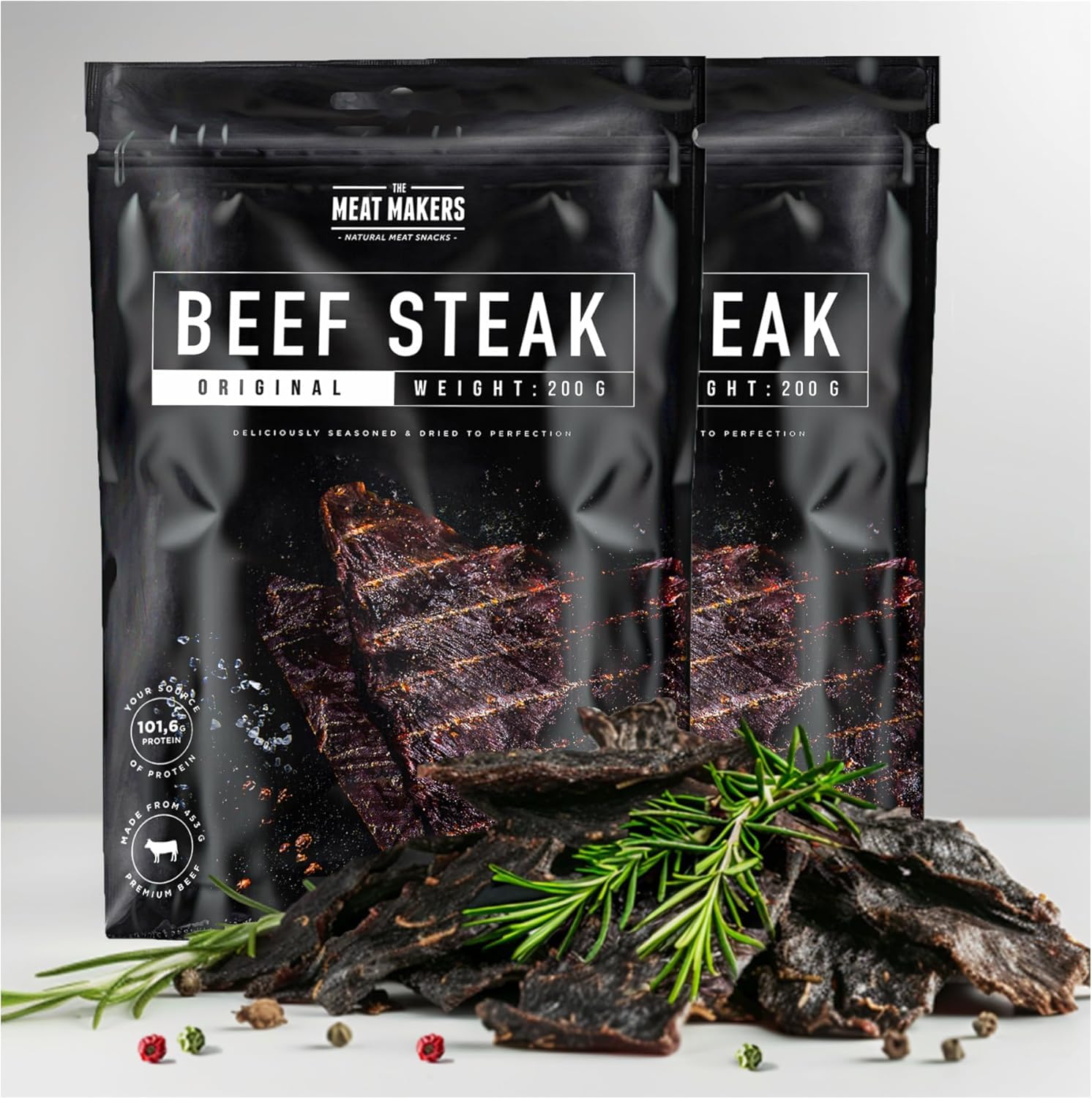 The Meat Makers Original Dried Beef Jerky Steak (400 g) – Carne Secca di Manzo, Carne Essiccata per Umani. Snack di carne secca ad alto contenuto proteico.