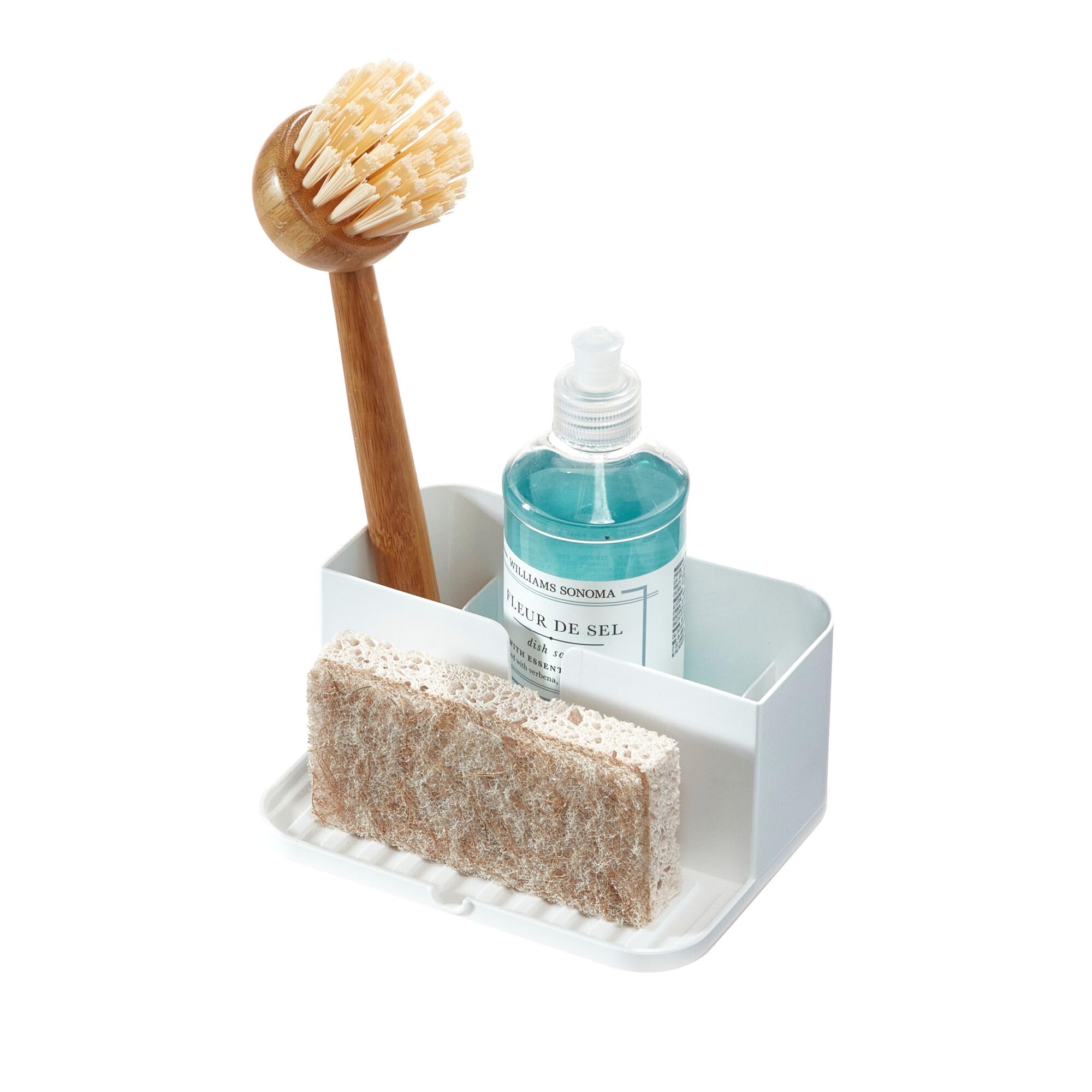 iDesign Kitchen Sink Caddy for Countertop with Sponge Holder and Drain Spout - White