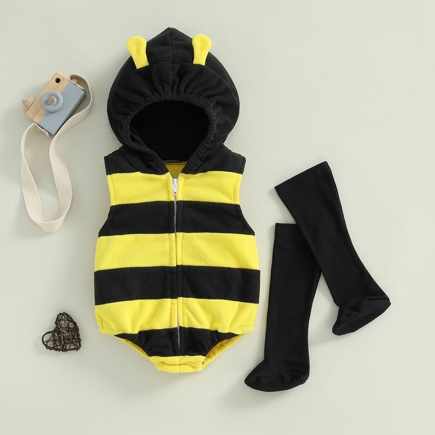 Newborn Baby Halloween Costumes Boy Girl Sleeveless Cartoon Bee Hooded Rompers Outfits with Socks - Image 2