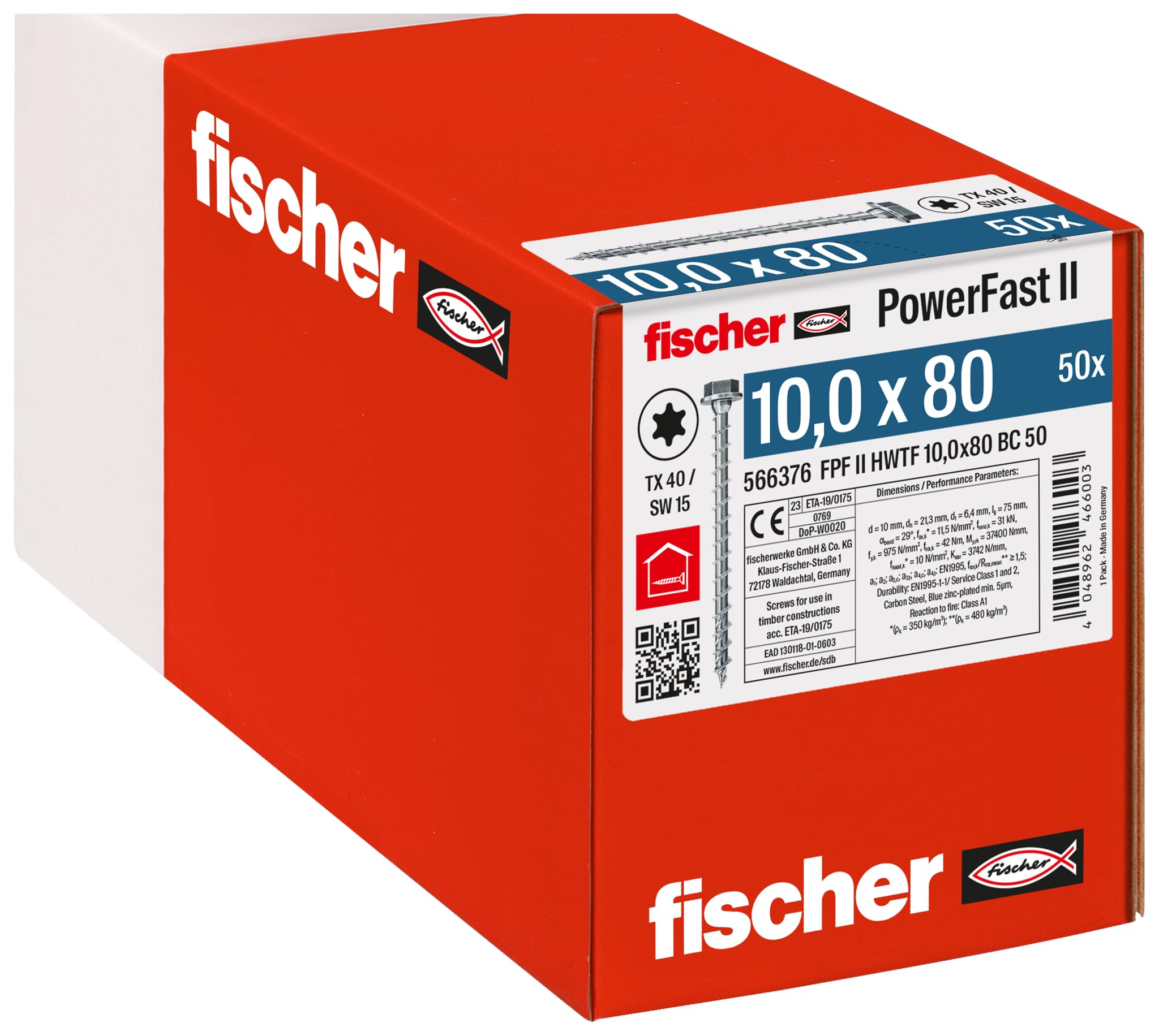 fischer - Tirefond PowerFast FPF II HWTF 10,0x80 revêtement zingué, Filetage Total, tête hexagonale avec Empreinte Torx/Boîte de 50