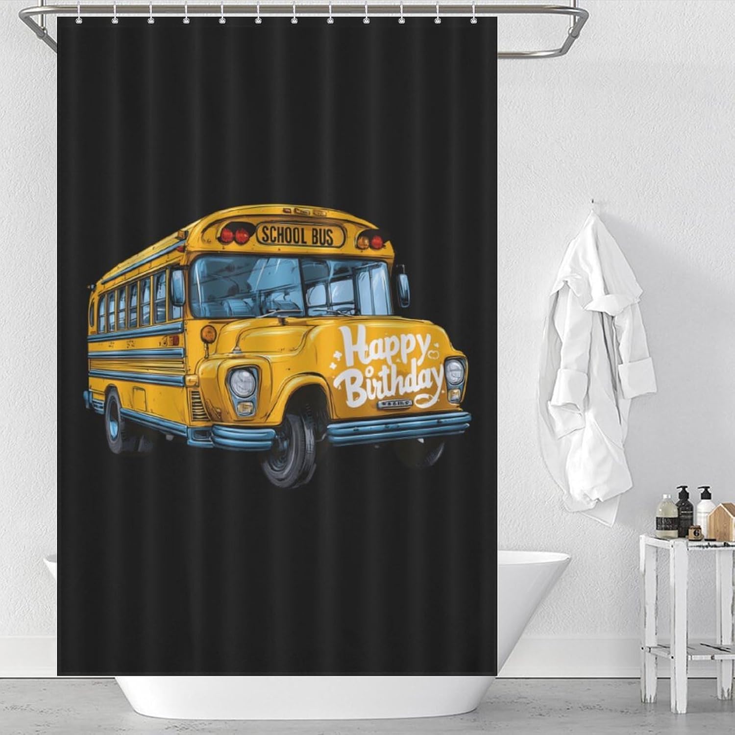 School Bus Happy Birthday Shower Curtain 46.85x70.87Inch（119x180cm） Polyester Bath Curtain Shower Curtains Printed Decorative