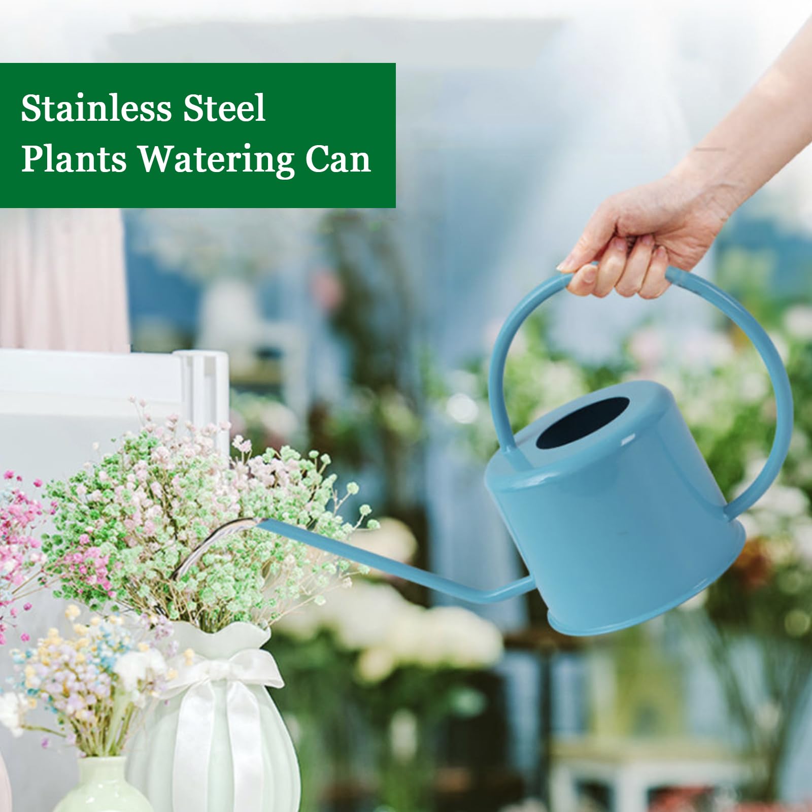 Metalowa konewka w stylu vintage, 1,3 l, do roślin wewnętrznych i zewnętrznych, długa wylewka, doniczka ze stali nierdzewnej, na sukulenty, bonsai, kwiaty ogrodowe, zielona