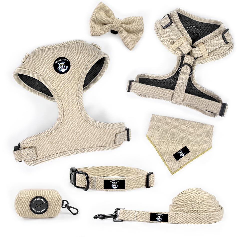 Gribex Pets 6-Piece Dog Harness Set – No Pull Harness, Leash, Collar, Bow Tie, Bandana & Poo Bag Holder – Adjustable, Soft & Stylish – Sizes XS to L (Beige, Extra Small)