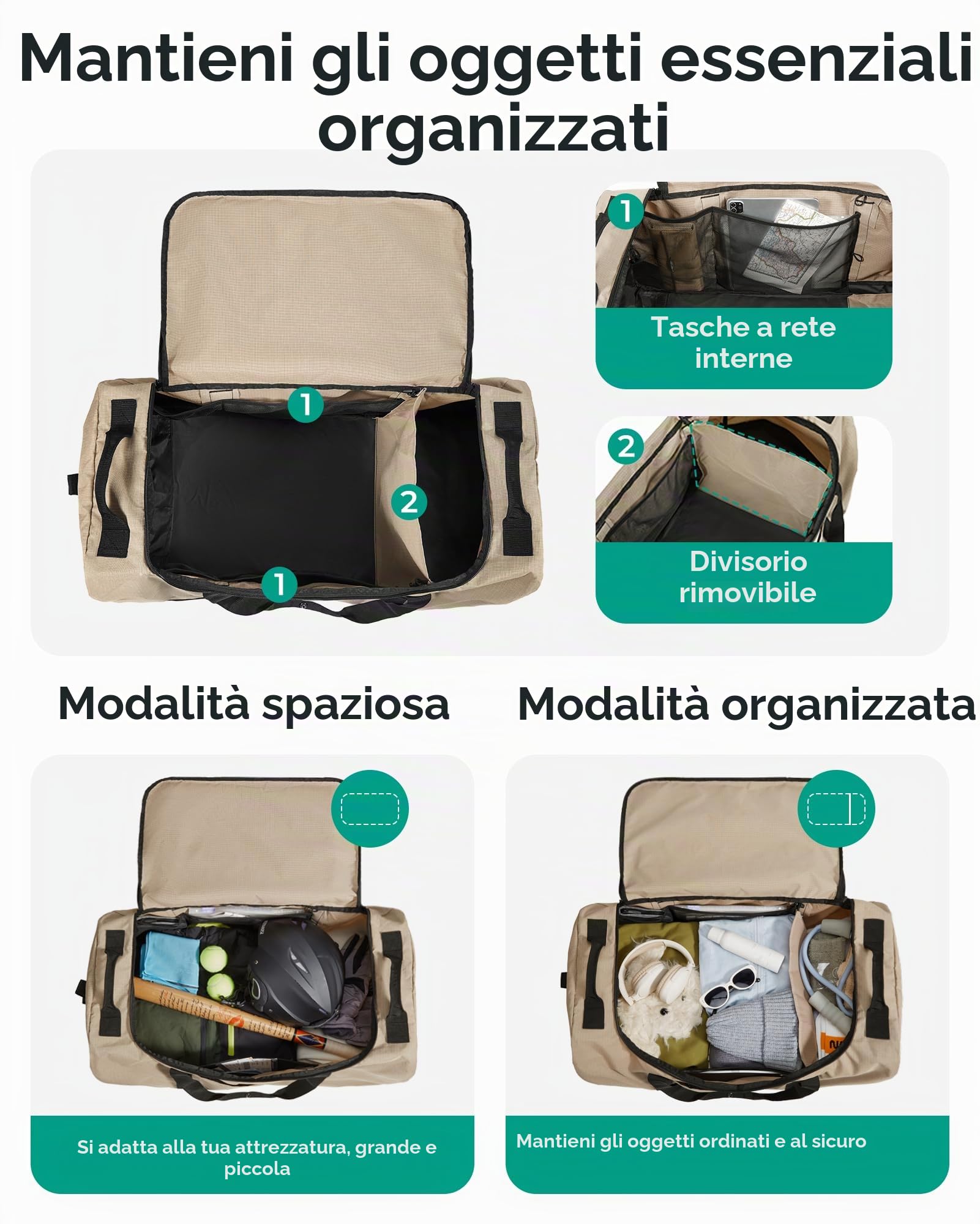 BAGSMART Borsa da viaggio pieghevole con ruote, 80 l, leggera, borsa sportiva con 3 ruote, grande borsa da viaggio per uomo e donna, può essere arrotolata e conservata, grigio, 72 x 35 x 33 cm