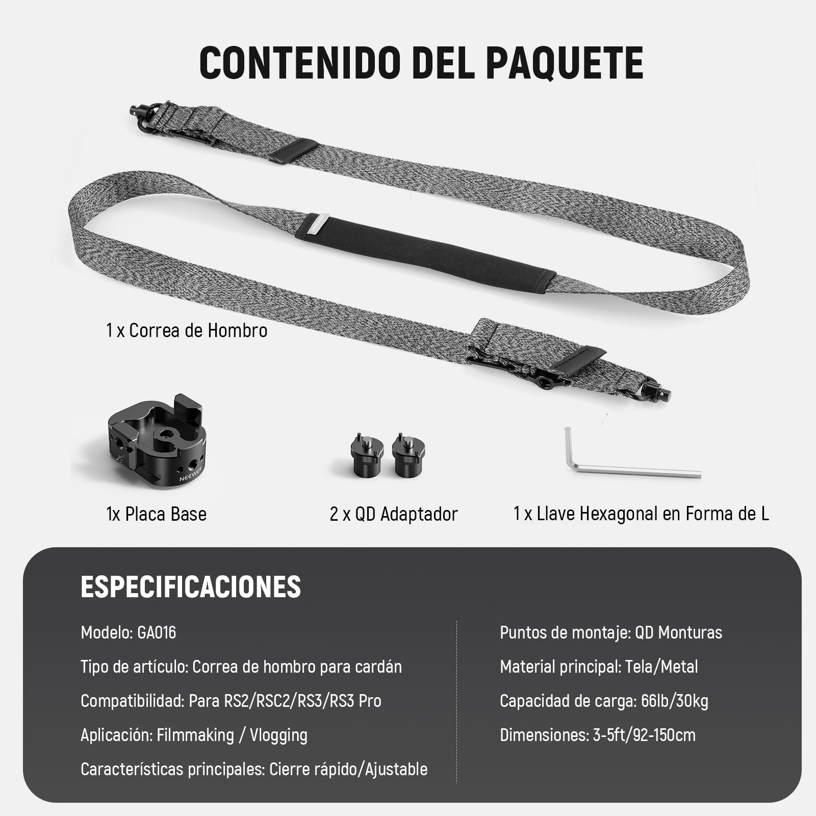 NEEWER Correa Hombro para Gimbals RS4 y RS3; Cinturón Acolchado Ajustable con Placa Base Liberación Rápida y Hebilla QD; Compatible con DJI RS4 RS4Pro RS3 RS3Pro RS2 Sling Handle, Gris, GA016