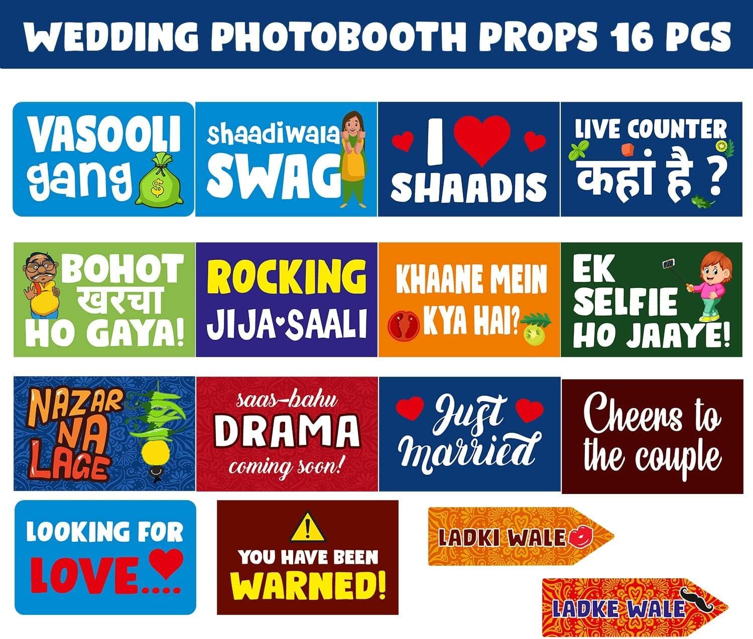 Wedding Photo Booth Props - 16pcs Wedding Decoration Items with Photobooth Props for Photoshoot, Wedding Props for Indian Wedding, Haldi and Mehndi Decoration Props by Indian Collectible