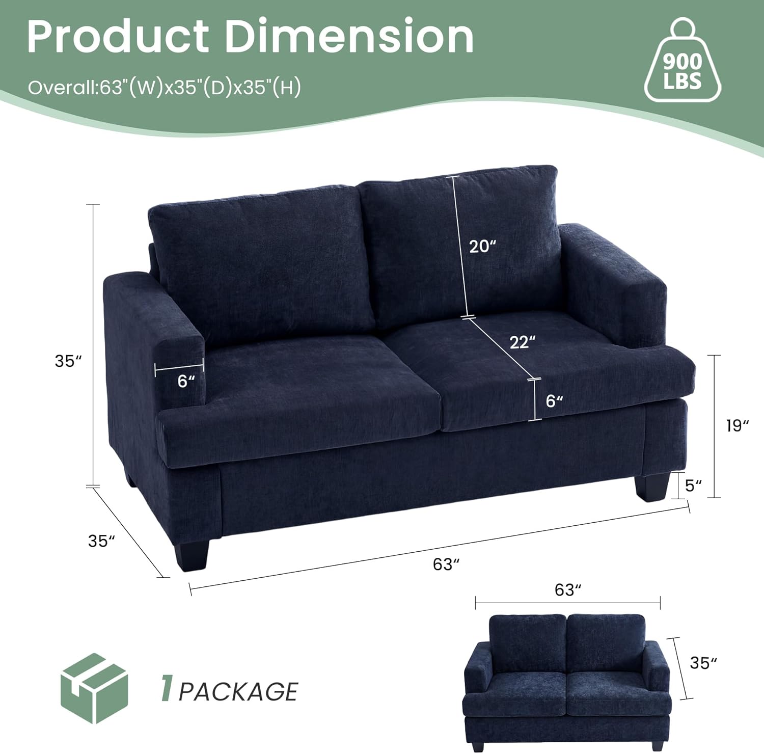 Fiona's magic 5 Seats Couch Set, 2 Piece Set Comfy Sofa, 3 Seater & Loveseat Sofa with Deep Seats for Living Room, Modern Sleeper Couch, Navy Chenille