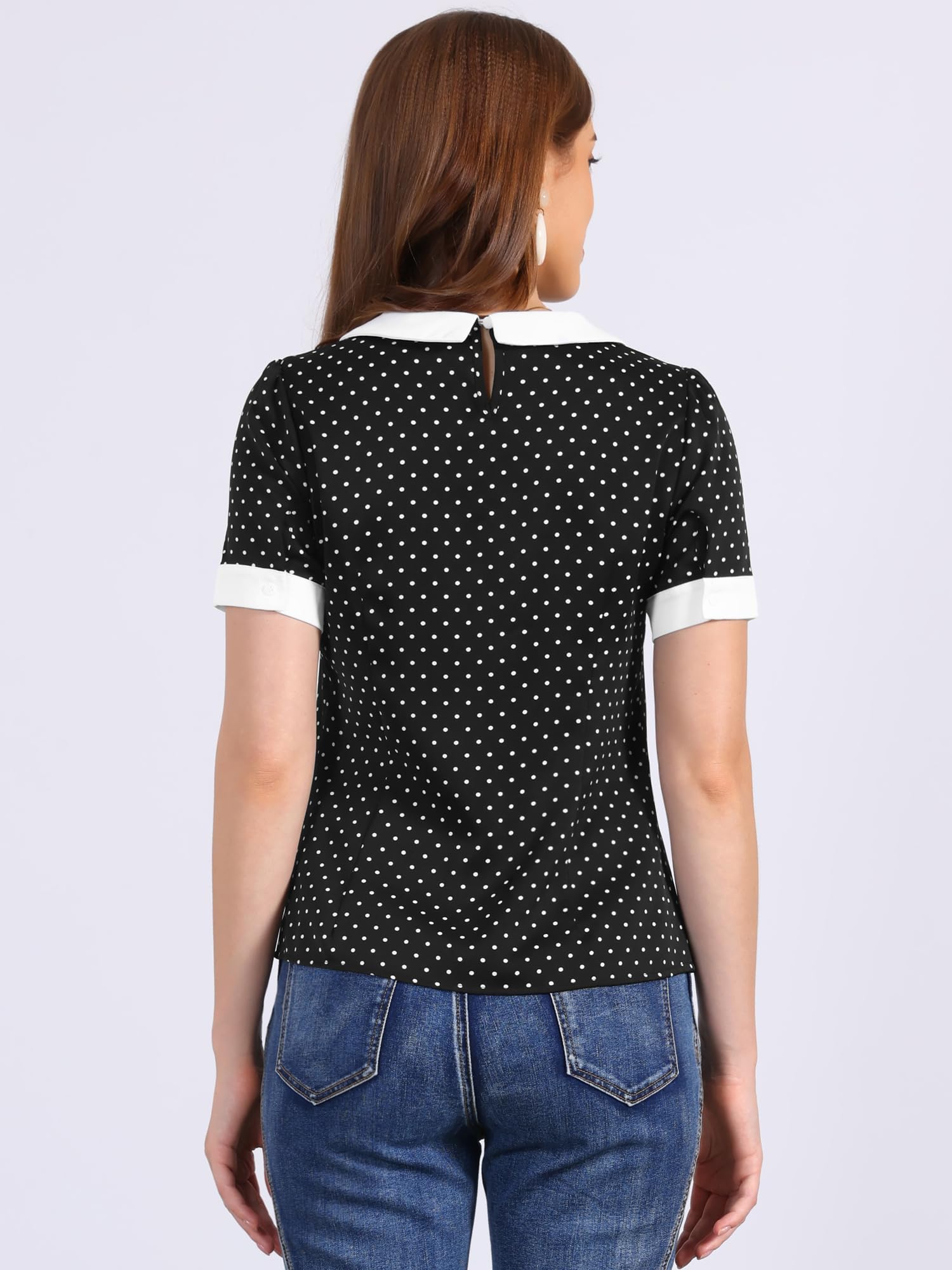 Allegra K Women's Peter Pan Collar Shirt Vintage 1950s Polka Dots Blouse: Large Black White