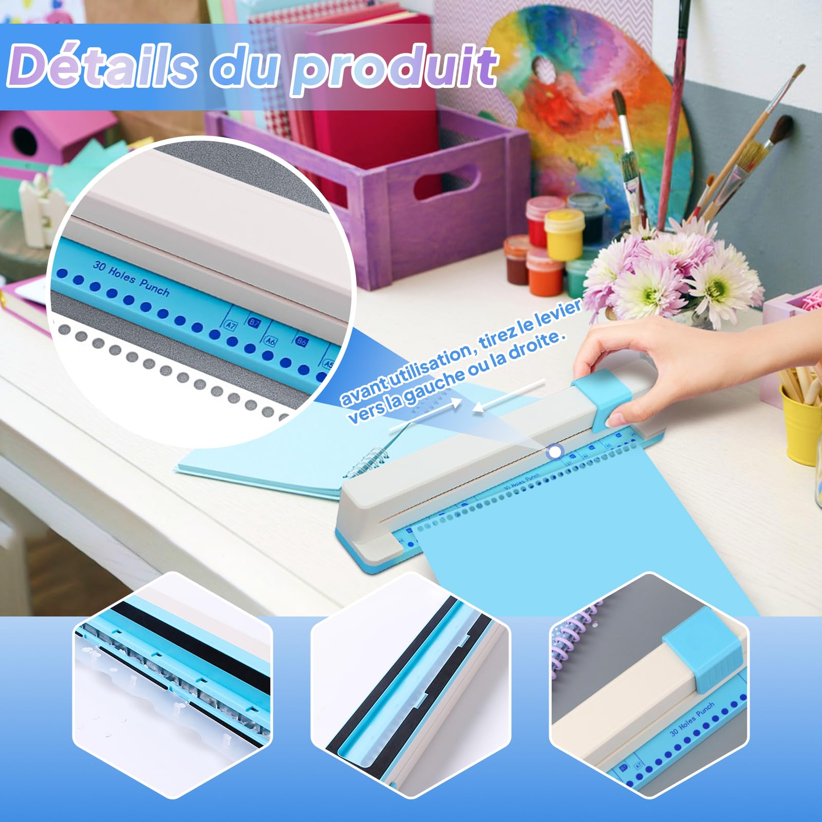 MagiDeal Perforatrice à Papier 30 Trous, Perforatrice Manuelle Réglable Perforatrice de Bureau, Base Antidérapante, Fournitures de Bureau, pour Feuilles Mobiles A4 B5 A5, Papier Artisanat