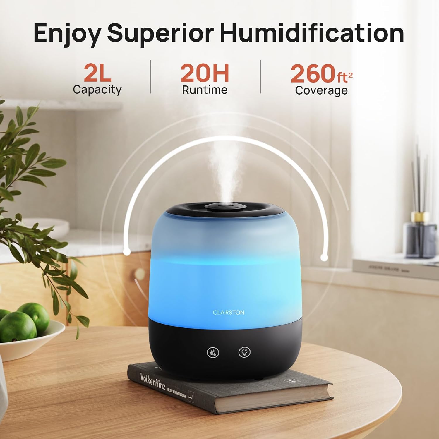 Clarston Humidifiers for Bedroom, 2L Top Fill with 360° Nozzle for Large Room, 7-Color Night Light, 24dB Quiet Cool Mist Air Humidifier for Baby Nursery & Plants, No BPA, Auto Shut Off, Easy to Clean