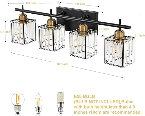 Miniatura 6 de Lámpara moderna de cristal de 28.2 pulgadas, 4 luces de tocador de baño, accesorios de iluminación de baño de cristal negro mate y dorado sobre el