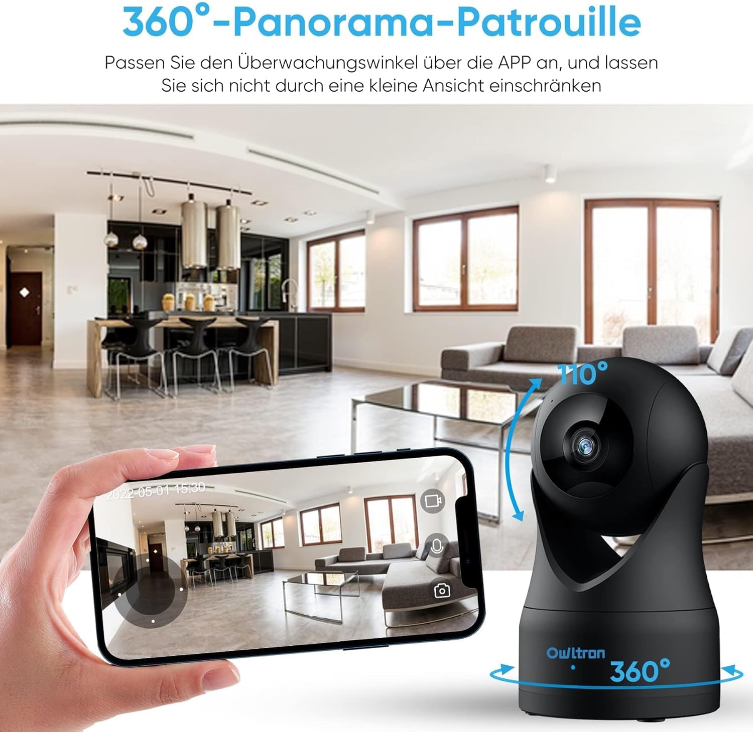 owltron Überwachungskamera innen, Babyphone mit Kamera und app, 360°WLAN IP Kamera mit Bewegungserkennung, 2-Wege Audio, Hundekamera/Haustierkamera/Babyphone Kamer mit Nachtsich