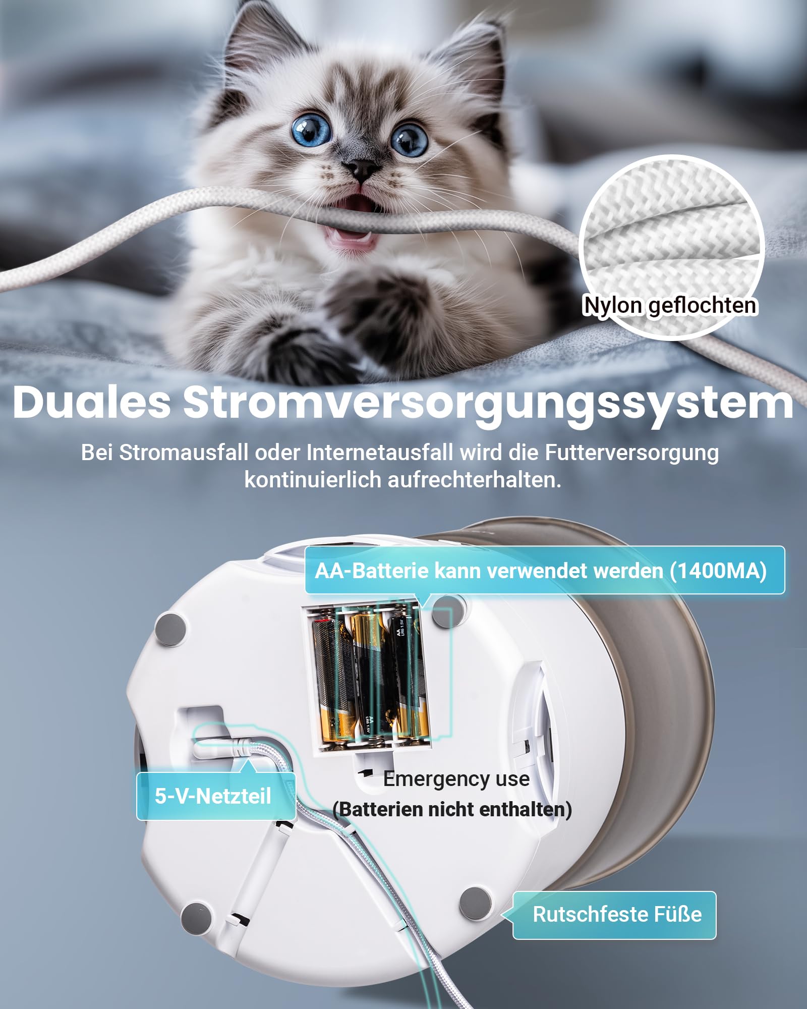 Comedero automático para gatos con aplicación, 6 L/25 tazas de comida para gatos, 3 cuencos, 3 paquetes de desecante, sistema antiobstrucción, grabación de voz 10S, 2,4 G WiFi, comida seca automática