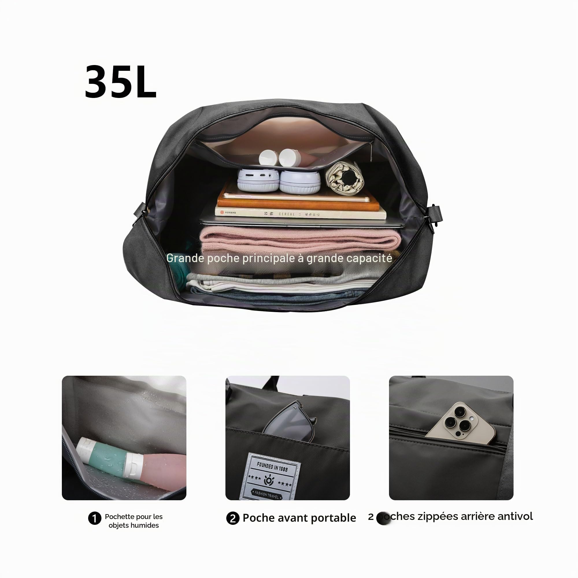 Sac de Voyage Sac de Bagage à Main Sacs de Sport Grand Format Sac de Sport Imperméable Sac à Dos Weekend avec Compartiment à Chaussures et Sacoche pour Femme Homme (Noir)