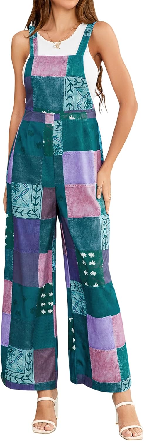 WDIRARA Women's Patchwork Sleeveless Casual Rompers Overalls Jumpsuit