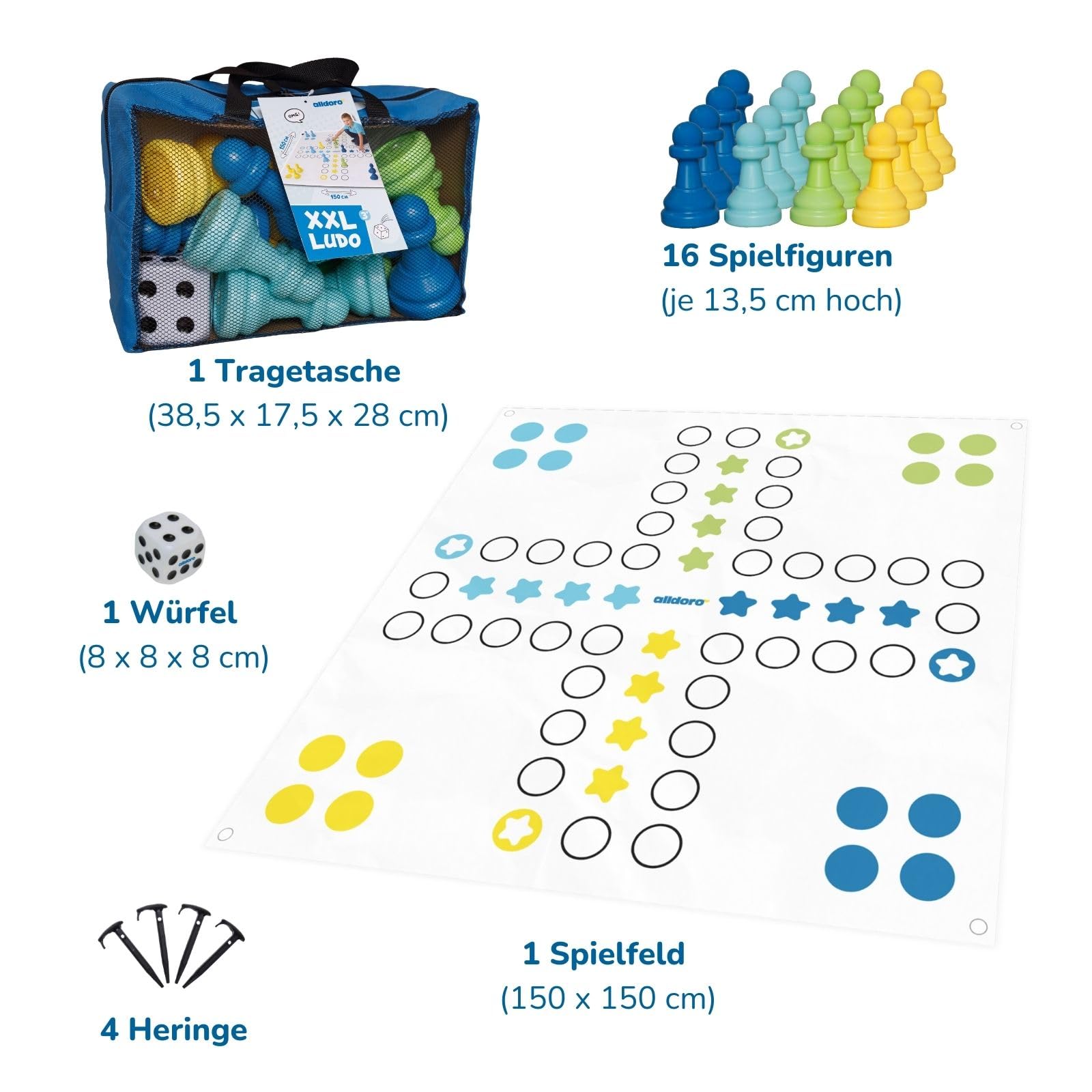 Alldoro Outdoor Garten Ludo Gra Planszowa z 16 Figurkami i Kostkami, Wielokolorowy, XXL, 60060