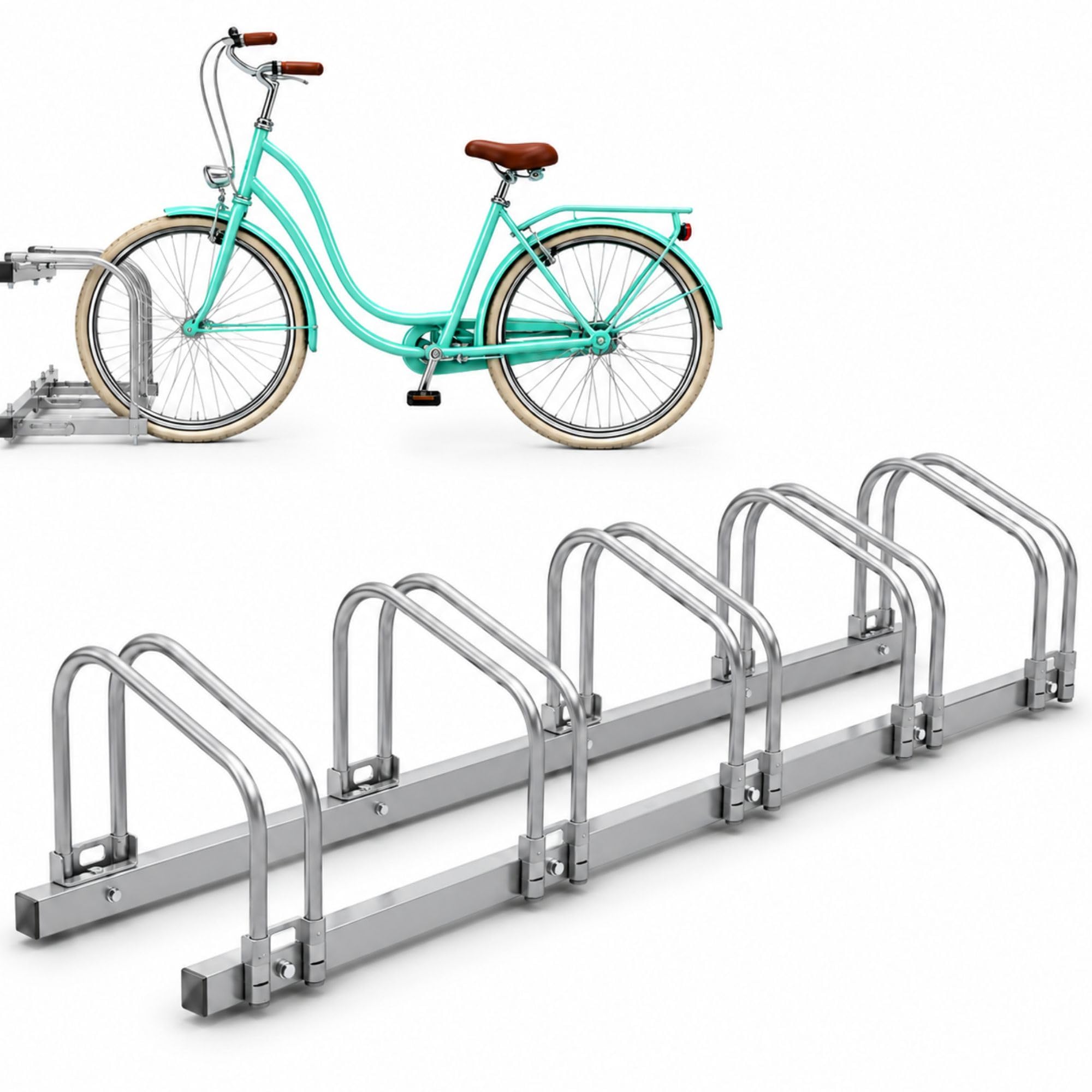 Arebos Fahrradständer für 5 Fahrräder | Mehrfachständer mit 21cm Radabstand | Fahrradhalter für 35-60 mm Reifenbreite | Radständer 130 x 30 x 26 cm | Boden- oder Wandmontage | Aufstellständer Silber